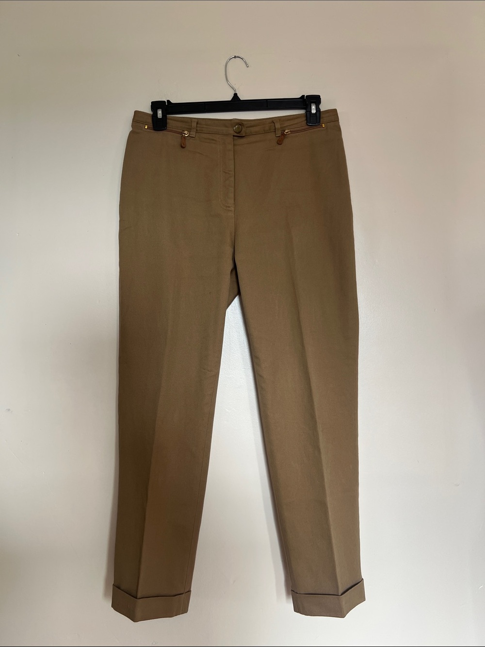 Lauren Jeans Co Ralph Lauren Tan Khaki Equestrian Cuffed Pants Leather Zip 12P